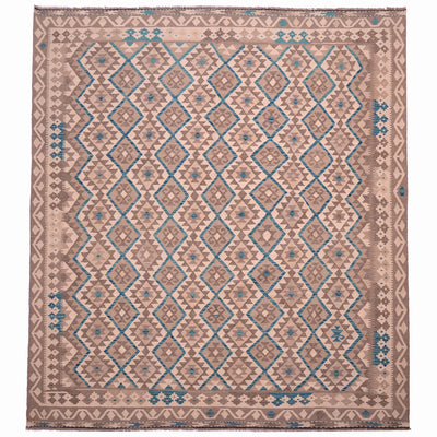 Handwoven Afghan Neutral Kilim with teal accents and geometric pattern.