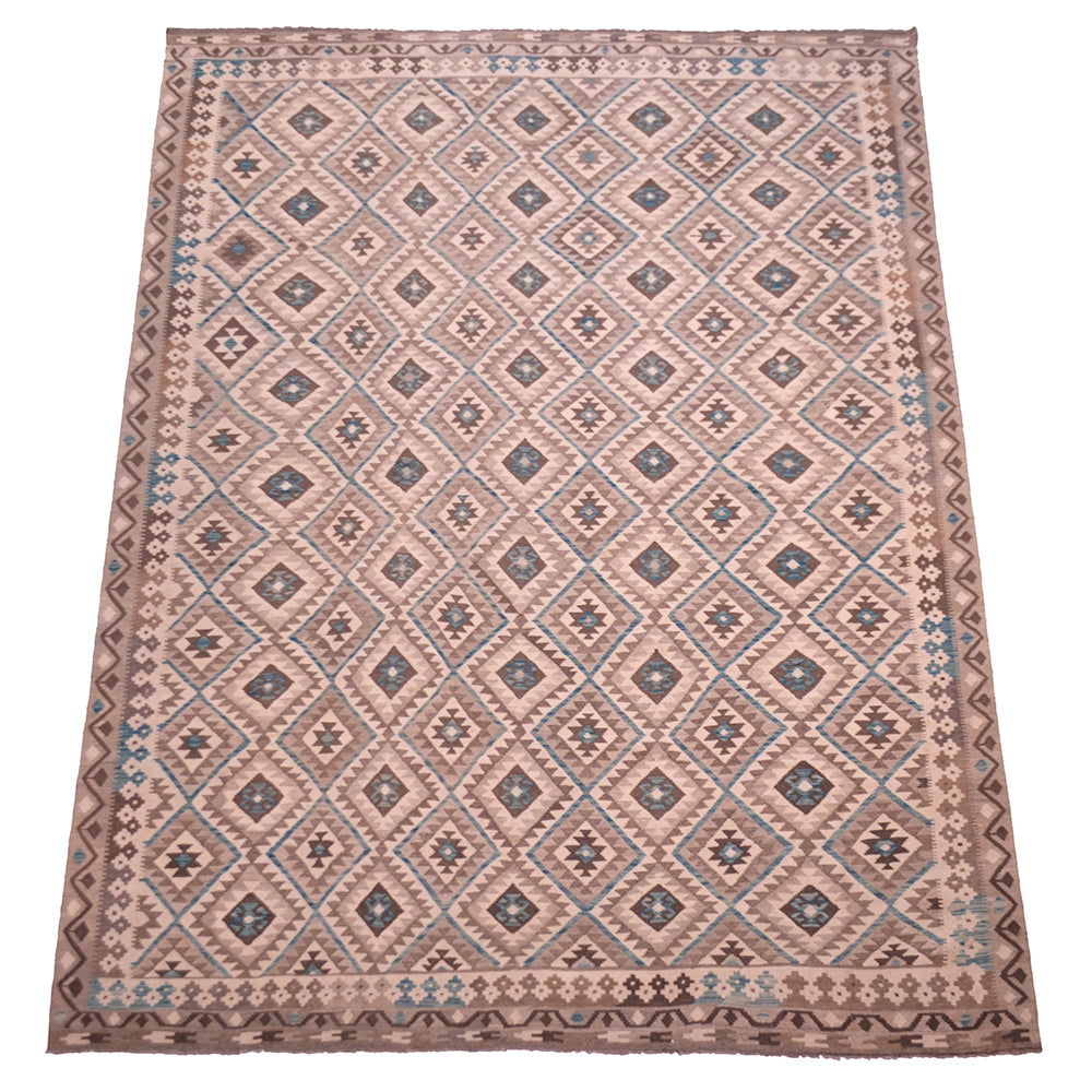 A 12x9 rectangular Afghan Large neutral Kilim rug with teal accents with a geometric diamond pattern in dusty pink, brown, teal, and grey, shown flat against a white background.