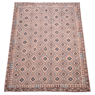A 12x9 rectangular Afghan Large neutral Kilim rug with teal accents with a geometric diamond pattern in dusty pink, brown, teal, and grey, shown flat against a white background.