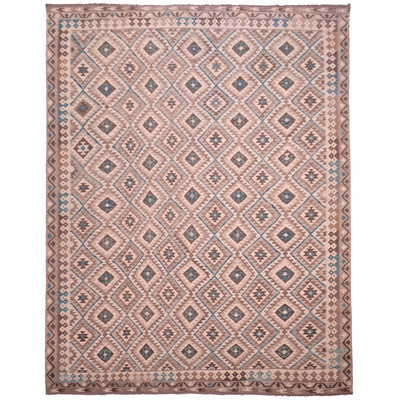 Handwoven Afghan Large neutral Kilim rug with teal accents with all over geometric design in neutral shades.