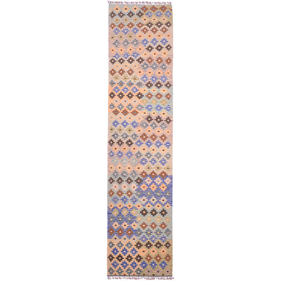 All Over Design multicolour Long Kilim Runner with soft colours of green, yellow, blue, and brown.