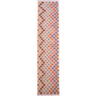 Afghan Long Multicolour Kilim Runner beige background with ziggurat chevron arranged rosettes.