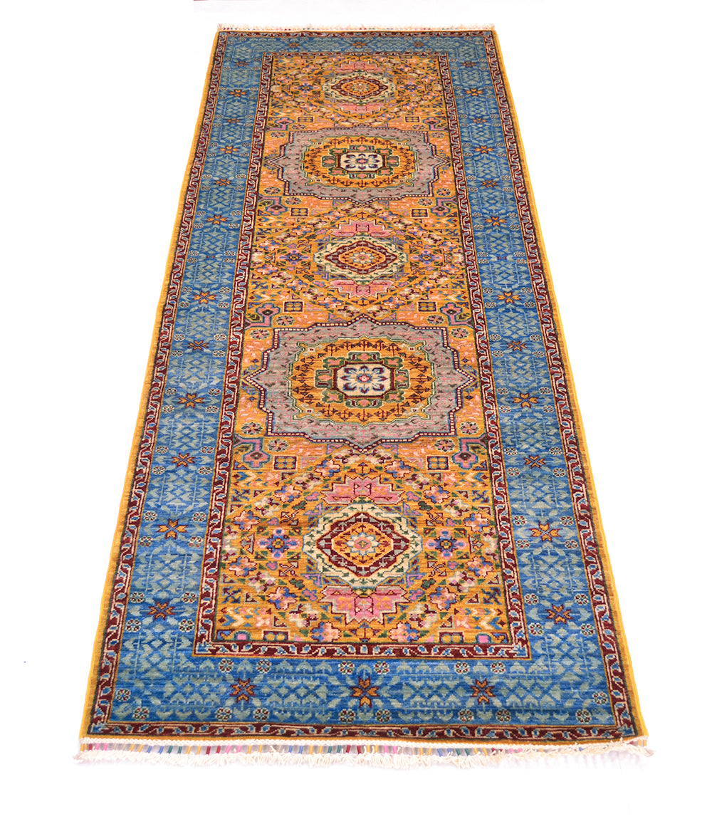 Two Dominant Mamluk medallions of colourful  runner with yellow and blue hues.