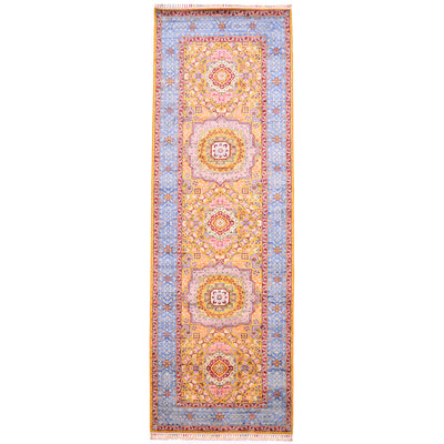 Hand-knotted wool pile Fine Afghan Mamluk runner with intricate geometric  yellow field with blue border.