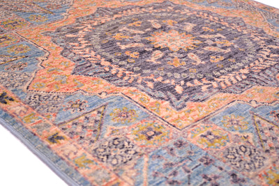 Blue border of Mamluk runner with soft greys of central medallion.