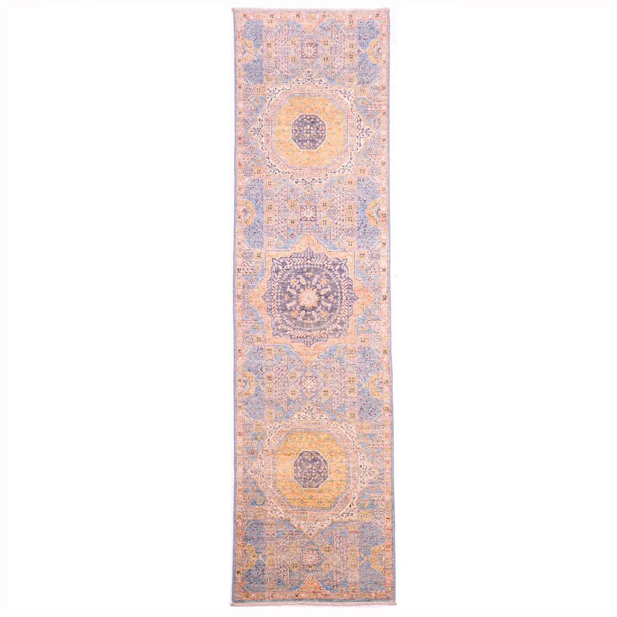 Mamluk runner with soft blue, pink and gold with three medallions