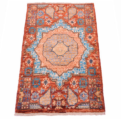 Orange and Blue Afghan Mamluk mat with octagonal medallion design