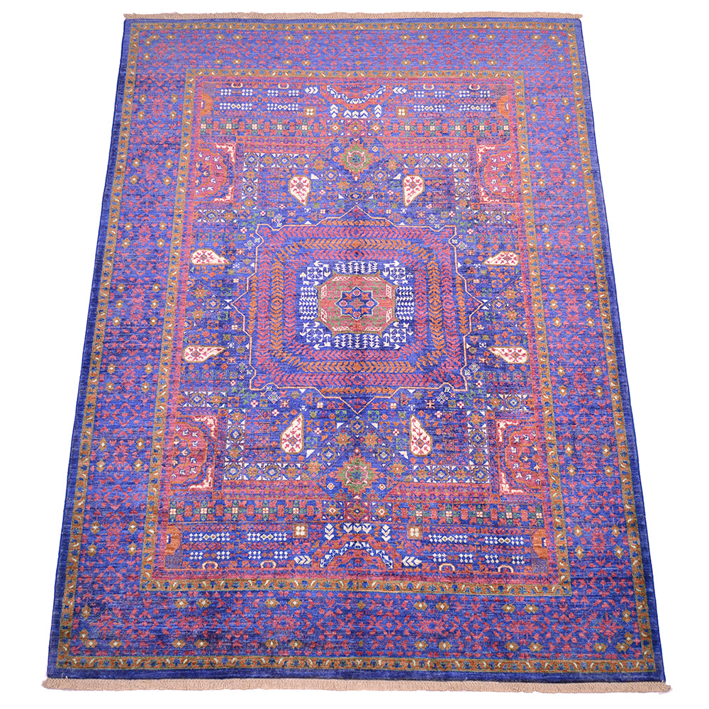 Angled viewpoint of handknotted Afghan Mamluk carpet
