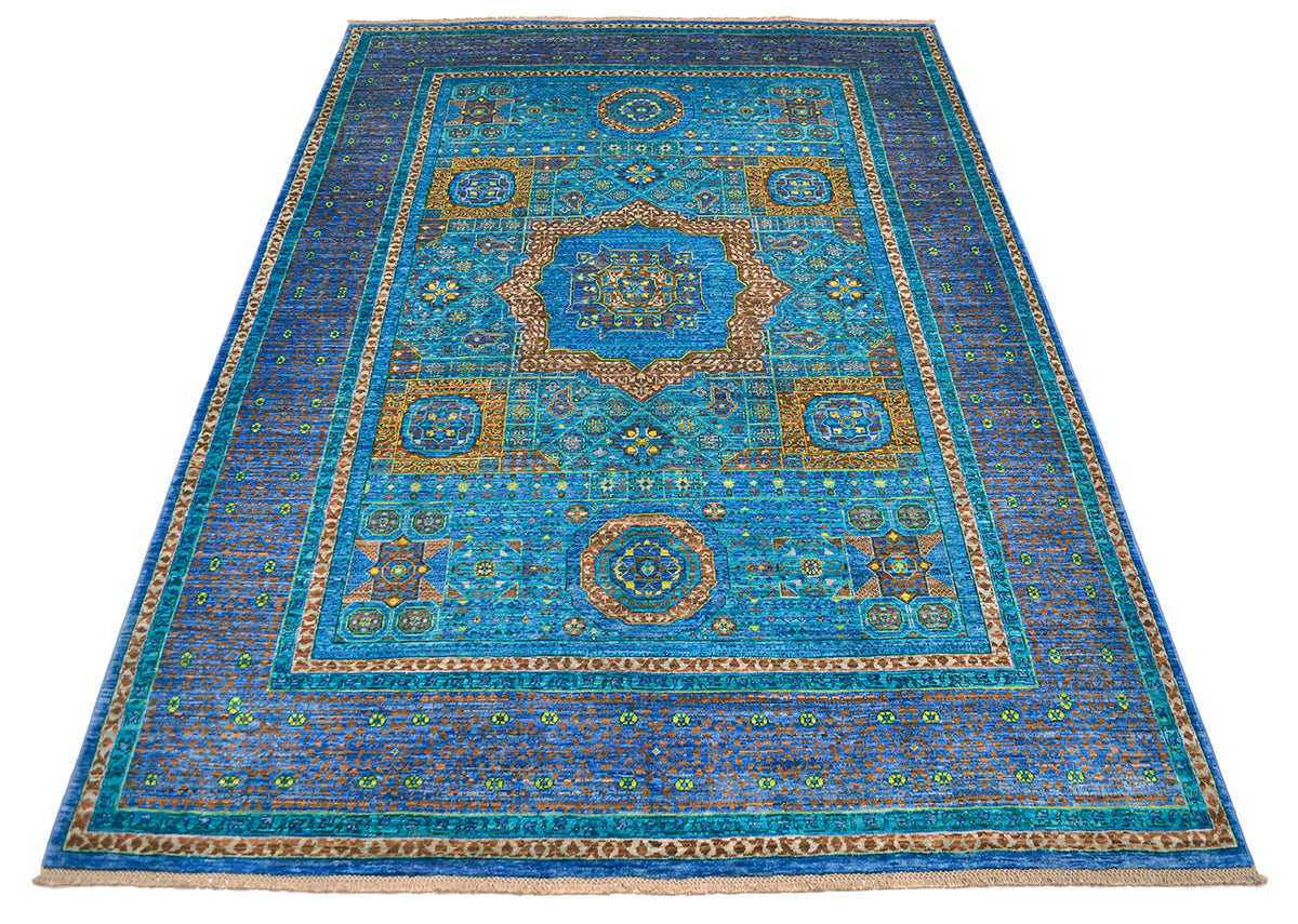 Blue and Turquoise handmade fine carpet with mamluk design