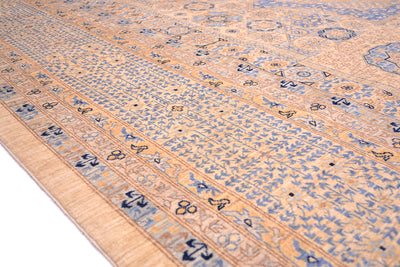 Filigree blue and cream border of handmade mamluk carpet