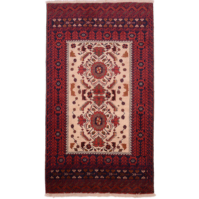 Fine Belouch rug with beige ground and 2 floral medallions.