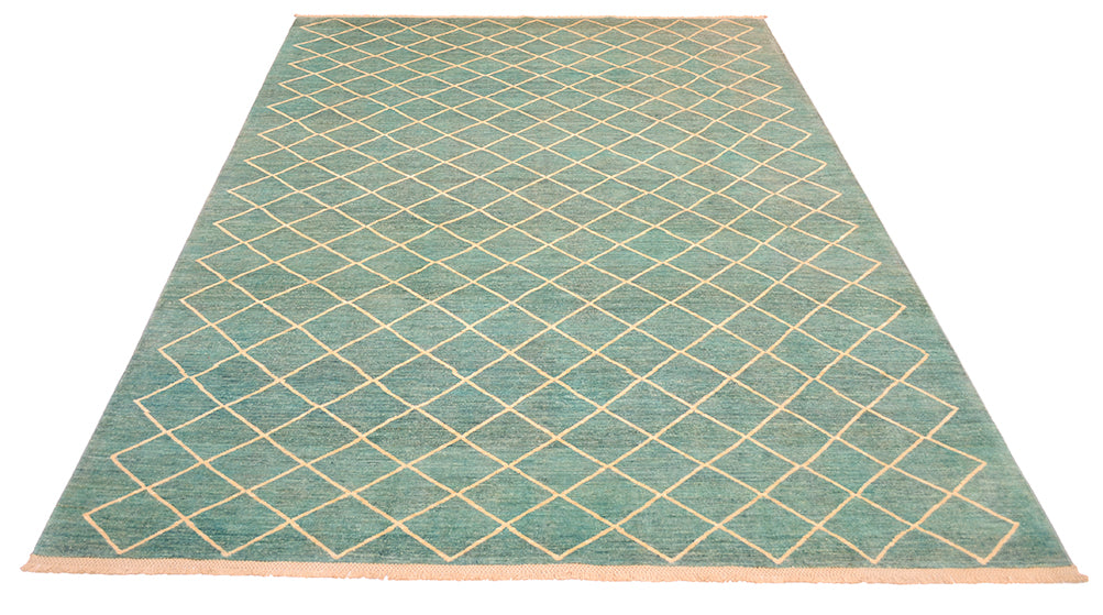 Overall view of modern latticed matelasse carpet with geometric design with soft turquoise field colour and creamy beige latticed line areas. 