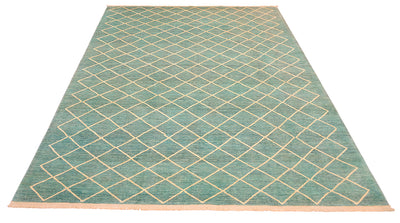 Overall view of modern latticed matelasse carpet with geometric design with soft turquoise field colour and creamy beige latticed line areas. 