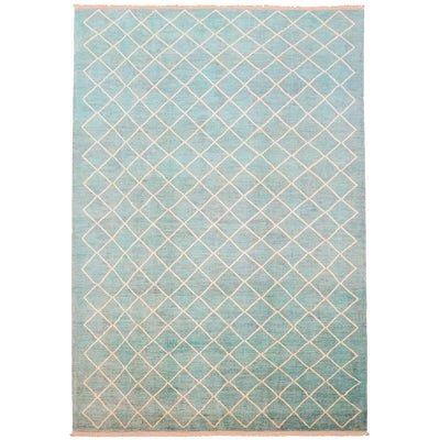 Matelasse carpet with beige lattice pattern on a turquoise ground. Handknotted geometric design with light sea greens turquoise topaz.