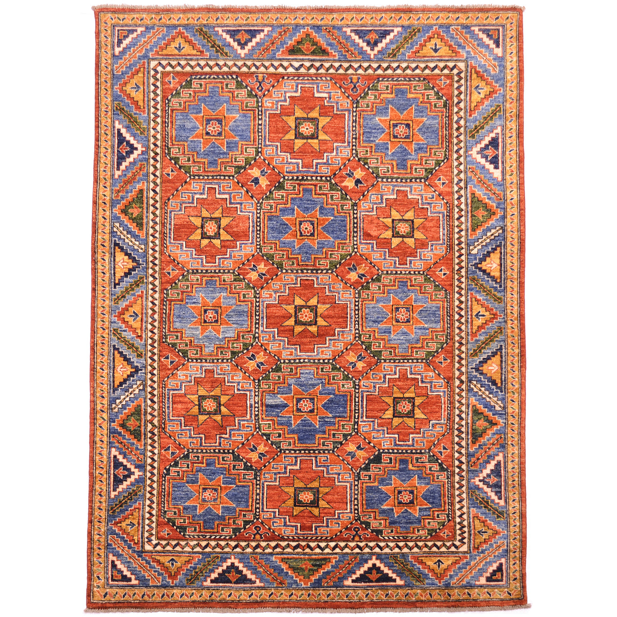  Overall view of Hand-knotted Afghan Memling gul design carpet with all over geometric pattern in colours of rust, blue, dark green, ochre and cream highligths. Distinctive 'Gul' design  and geometricised border.