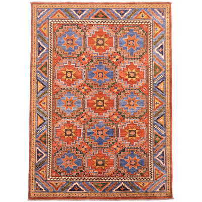  Overall view of Hand-knotted Afghan Memling gul design carpet with all over geometric pattern in colours of rust, blue, dark green, ochre and cream highligths. Distinctive 'Gul' design  and geometricised border.