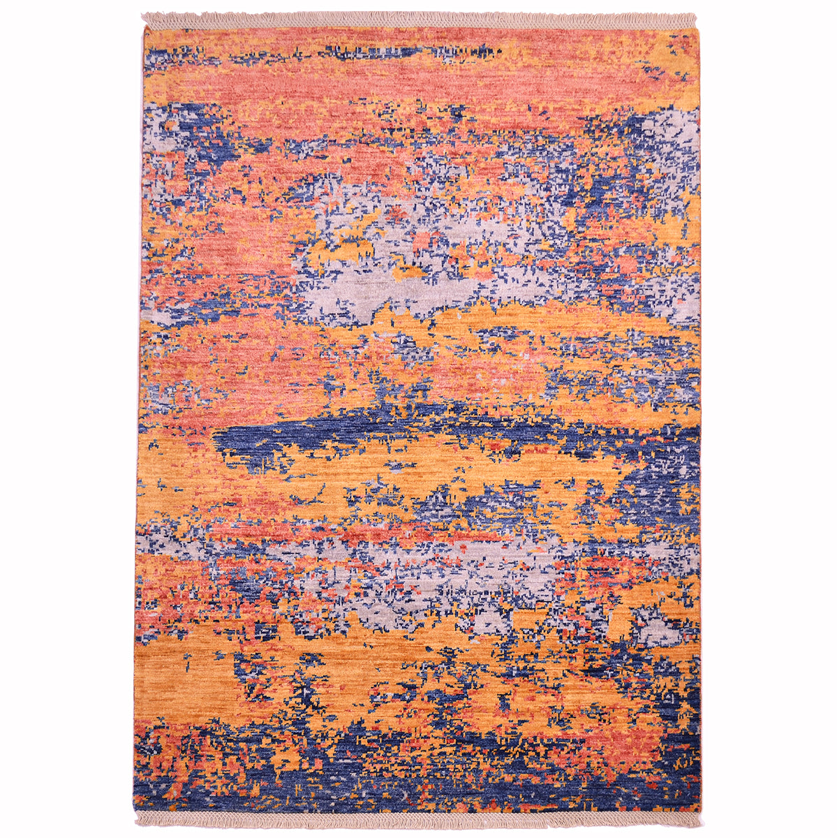 Abstract Modern Mirage Handknotted  Rug with colours of light amber- gold terracotta, soft grey and deep sea blue. Fragmented borderless design with pure wool pile.