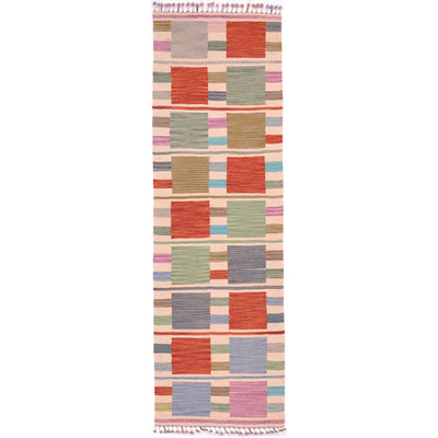 Multi-colour Handwoven Modern Kilim short runner with design of squares and stripes on a beige background.