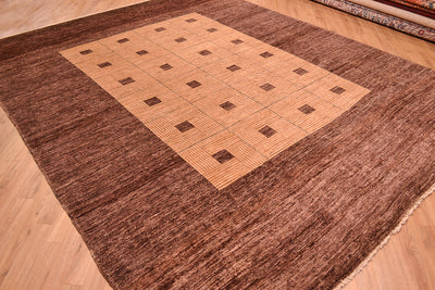 Handmade and hand-knotted Modern design Afghan Chubi Carpet with parqueted central design and wide brown plain border.