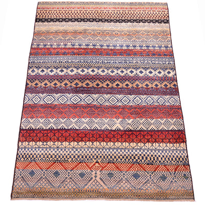 Geometric carpet with pure wool pile woven on wool warps. Multiple bands of pattern across the width of the carpets with variety of diamonds and geometric motifs and small chequerbaords squares.