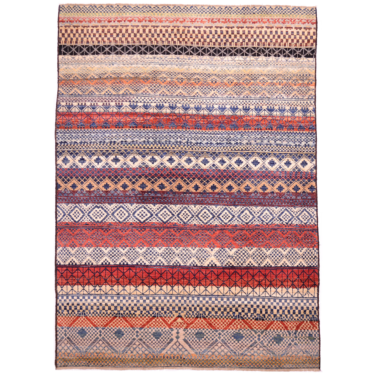 Afghan Montage carpet: hand-knotted modern Afghan rug from Afghanistan with design of colourful bands of pattern and primary and secondary colours.