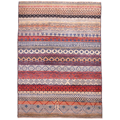 Afghan Montage carpet: hand-knotted modern Afghan rug from Afghanistan with design of colourful bands of pattern and primary and secondary colours.