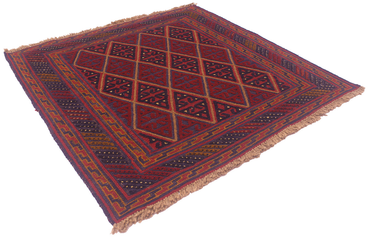 A square woven Afghan Mushwani rug with a geometric diamond pattern in deep red, navy blue, and brown, featuring fringed edges on a white background.
