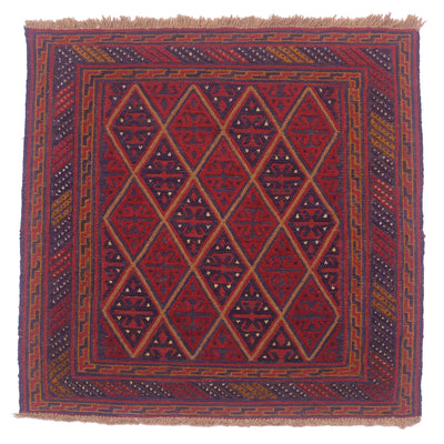 Handwoven Afghan Mushwani square rug in red and blue colours with geometric diamond design in embossed weave.