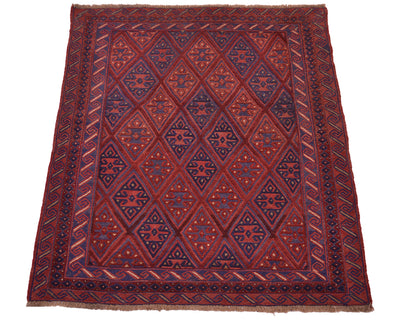 A square vintage Afghan-style Mushwani wool rug with a geometric diamond pattern in dark red, navy blue, and rust orange, featuring a thick patterned border and fringed edges.