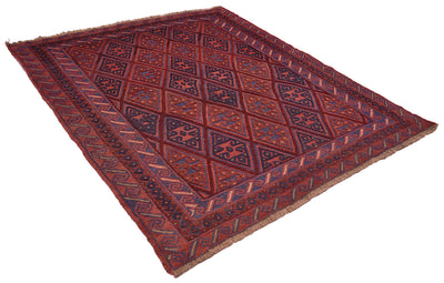 An angled view of a handwoven Afghan Mushwani rug with geometric all over theme of diamond motifs in rich colours of red, rust, blue, navy and beige.