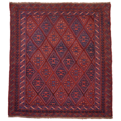 Afghan Mushwani rug handwoven part kilim part pile in colours of red and blue.