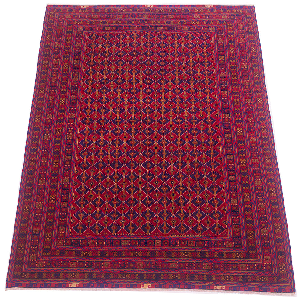 A rectangular 9x7 Fine Afghan Mushwani carpet with a deep red field, intricate navy blue diamond lattice pattern, and detailed multicolour borders in red, blue, yellow, and green.