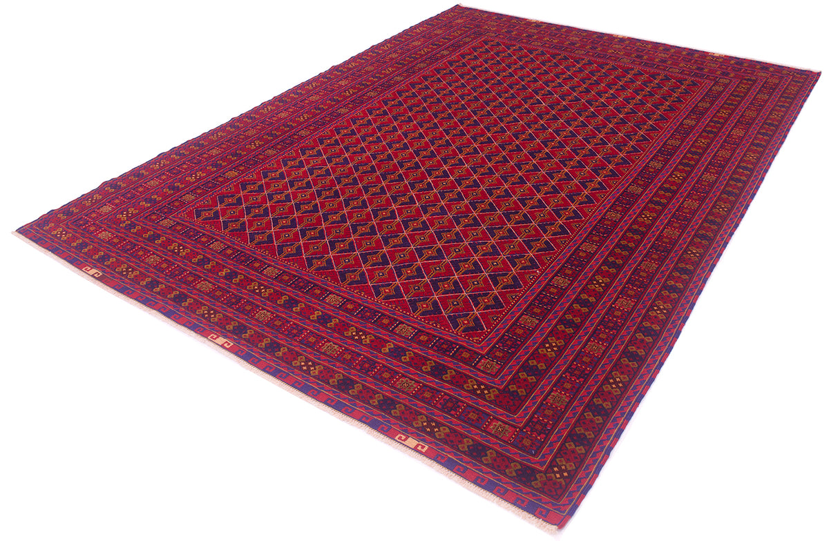 A traditional Fine Afghan Mushwani carpet with a deep red field, featuring a central diamond lattice pattern and intricate geometric borders in blue, black, and cream.