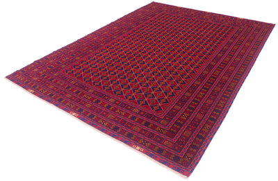 A traditional Fine Afghan Mushwani carpet with a deep red field, featuring a central diamond lattice pattern and intricate geometric borders in blue, black, and cream.
