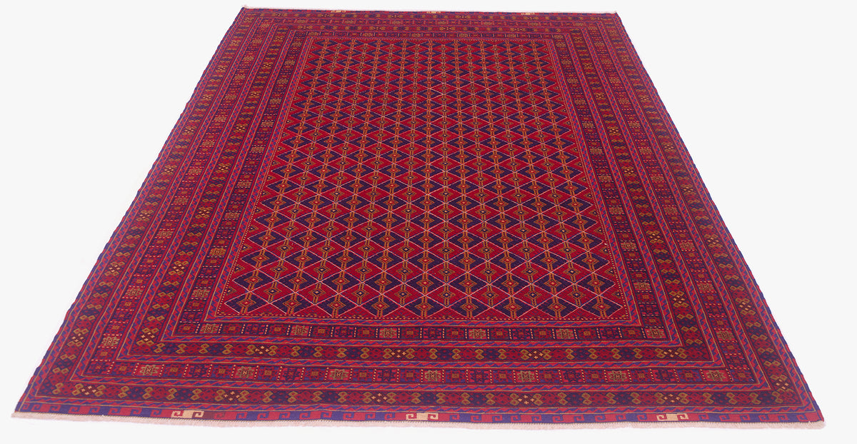 A 275x200cm fine Afghan Mushwani carpet with a traditional geometric pattern in deep red, navy blue, and purple, shown flat against a white background.