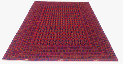 A 275x200cm fine Afghan Mushwani carpet with a traditional geometric pattern in deep red, navy blue, and purple, shown flat against a white background.