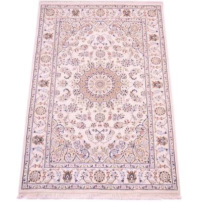 A 6x4 rectangular traditional Indo Persian Nain area rug with an intricate floral and medallion pattern, featuring a cream background with blue, beige, and muted red accents, finished with a fringed edge.