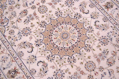 A close-up of an ornate Persian-style Indian Nain area rug with a central floral medallion and intricate scrolling motifs in beige, navy blue, and muted green on a pale cream background.