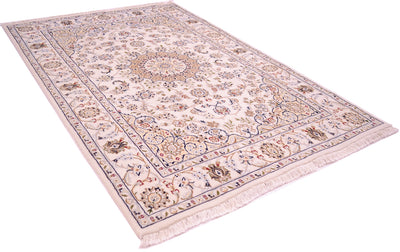 A 180x120 rectangular Persian-style Indian Nain area rug with a cream and beige base, decorated with intricate floral motifs in blue, brown, and muted red, finished with a fringed edge.