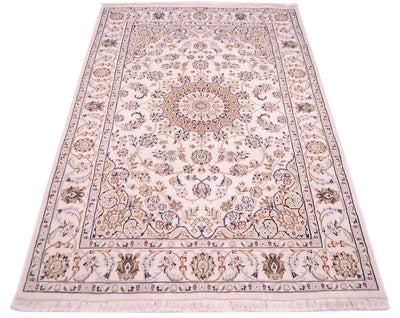An ornate rectangular area rug with a traditional Indo Persian-style floral pattern Nain rug, featuring a cream background with blue, beige, and brown details, complete with a fringed edge.