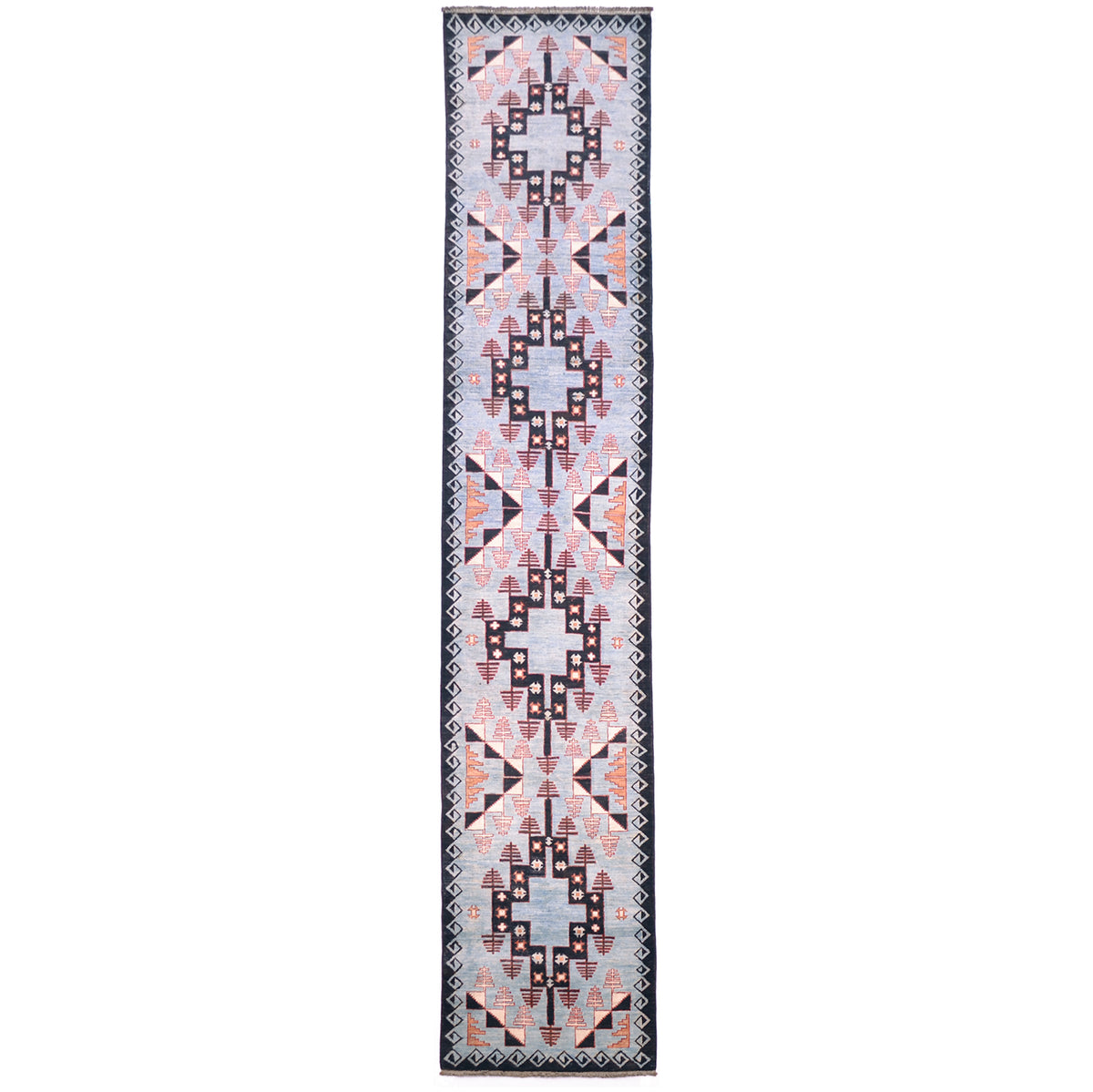 Hand-knotted wool pile light Blue Aryana runner with geometric tribal Navajo style design.