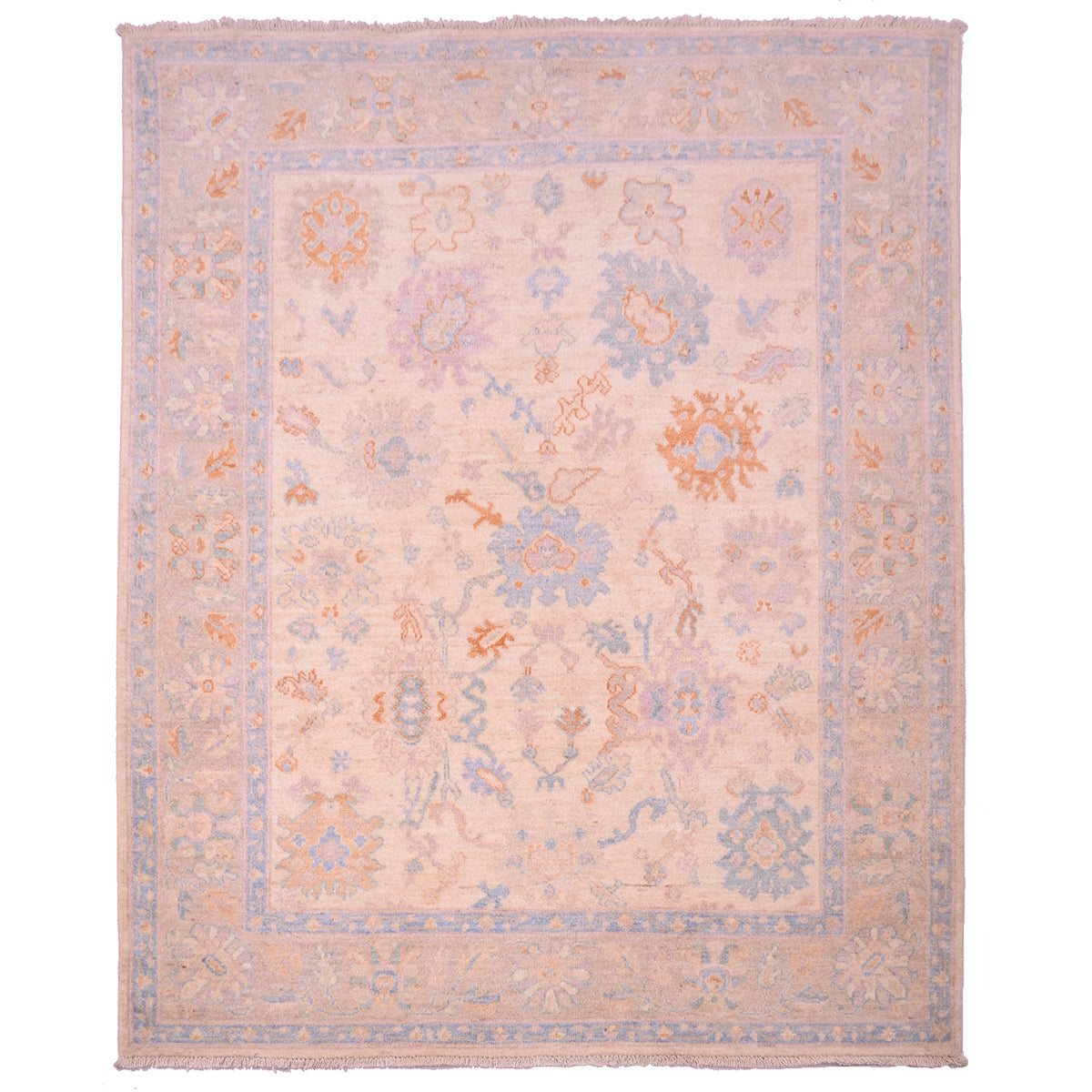 Afghan Oushak rug with soft floral design on a beige cream field.
