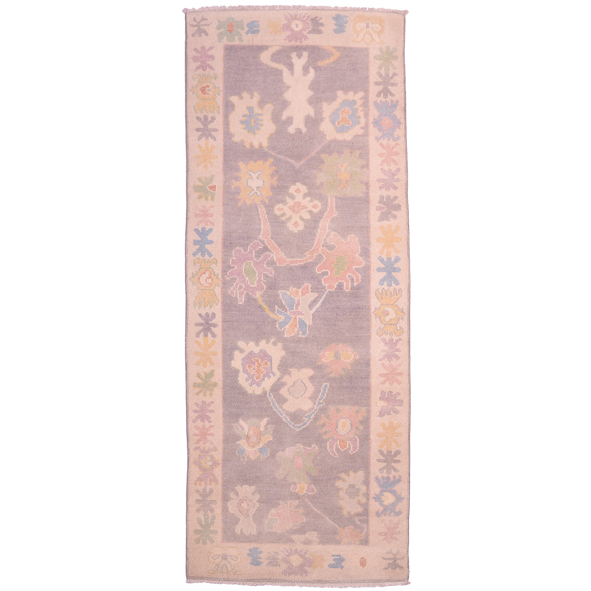  Handmade Oushak runner with all over floral design on a grey ground.