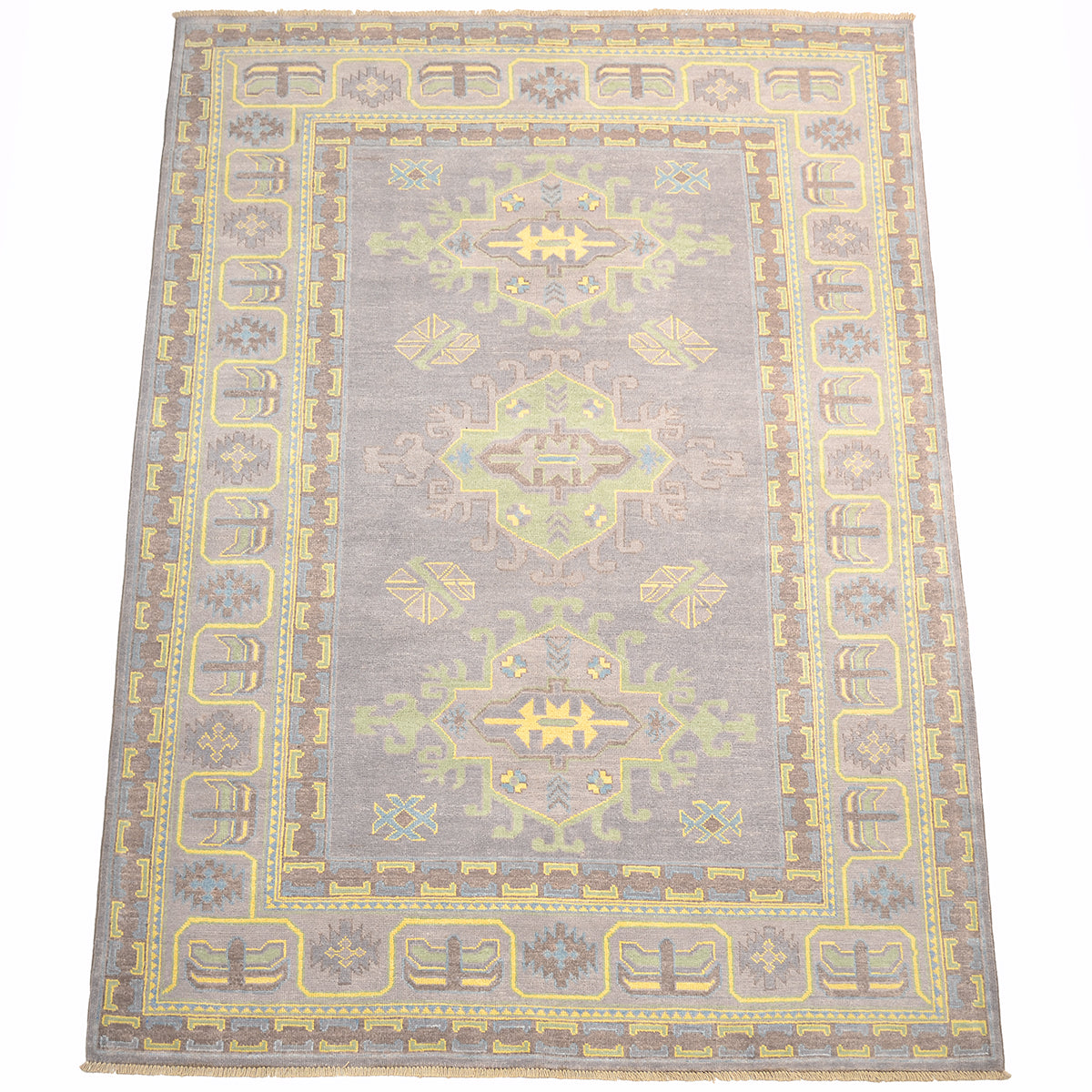 Grey Oushak carpet with ornate geometric border and small yellow motifs on field
