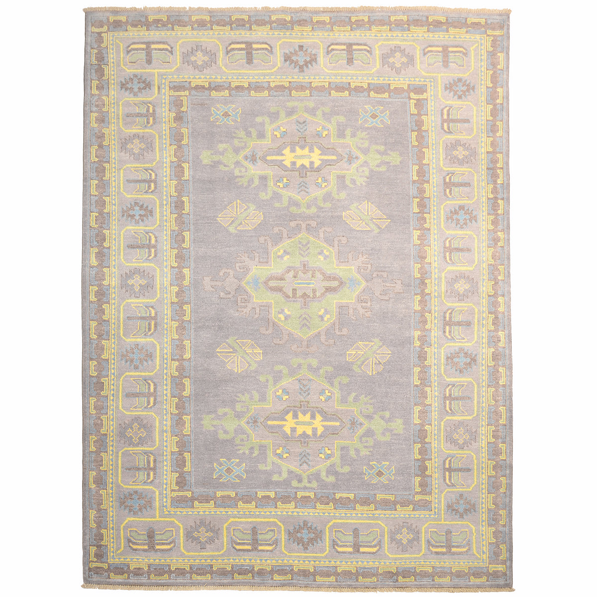 Oushak carpet in grey with geometric medallion design and additional shades of green and yellow-gold.