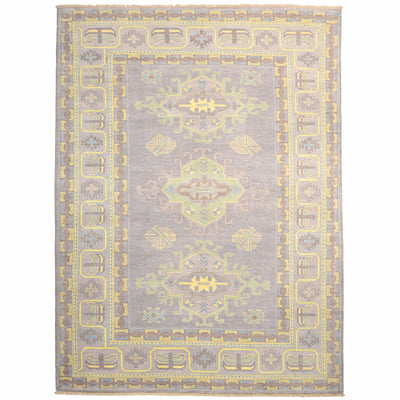 Grey Oushak carpet with geometric medallion center and yellow patterned border