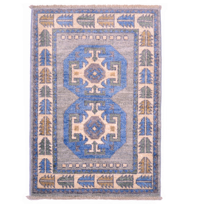 Oushak mat from Afghanistan in grey, blue with double octagon medallion 