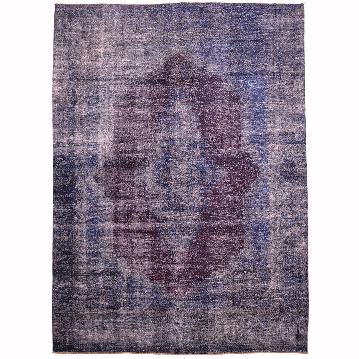 Large Overdye carpet with deep colours of aubergine and dark blue, and rich indigo. Traditional Oriental design large carpet with centralised motif in aubergine and dark blue. Fine knotting.