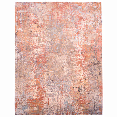 Twilight Oxidize carpet: rust and clay earth tones as  a masterpiece  of a modern abstract rug with colours of terracotta, grey and cream. Wool and silk high-low pile. Elements of light blue and light teal raised silk.