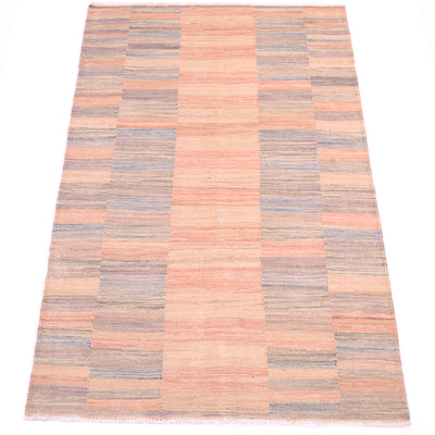 Overall vuiw of modern pastel abrash kilim with geometric compartmentalized design. Handwoven flatweave modern design with modern soft colours. 